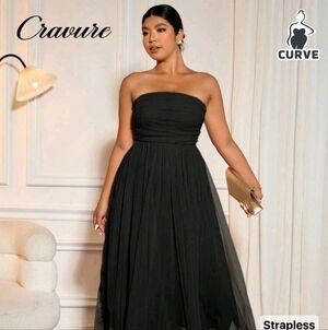 SHEIN Black Strapless Ruched Tulle Maxi Dress